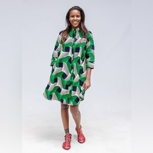 ZURI Apex 1X Long African Print Cotton Dress Green Leaf Button Front